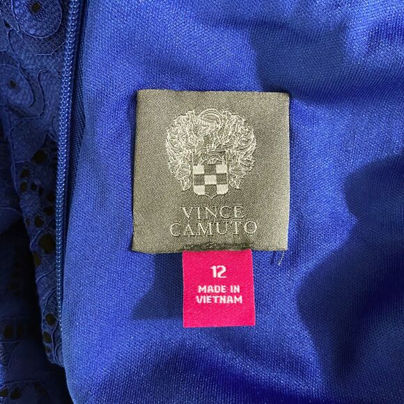 Vince Camuto Fit & Flare Dress Size 12 Blue Lace Mock Neck Scalloped Hem Pockets - Picture 3 of 4